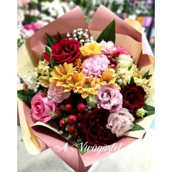 Colorful fresh bouquet with dark red roses