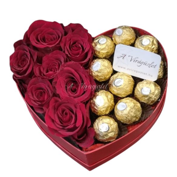 Heart-shaped rose box with bonbons